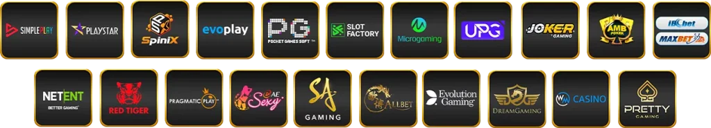 รวมโลโก้ค่ายเกมคาสิโนของ autobg168 เช่น PG SLOT, JOKER, SA Gaming, Evolution, Microgaming และค่ายดังอื่น ๆ